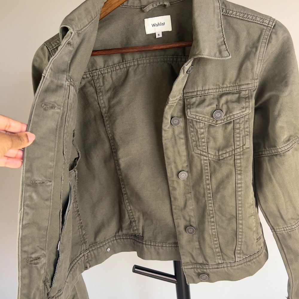 Wishlist Olive Green Denim Jacket Womens Small Utility Trucker Twill Cotton - Picture 5 of 11